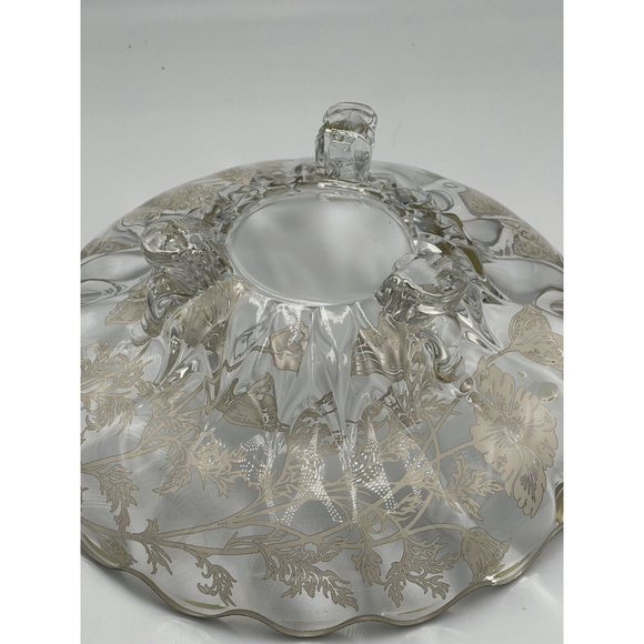 Vtg Art Deco Clear Glass Centerpiece Fruit Footed Bowl Silver Floral Accents MCM - Picture 5 of 9